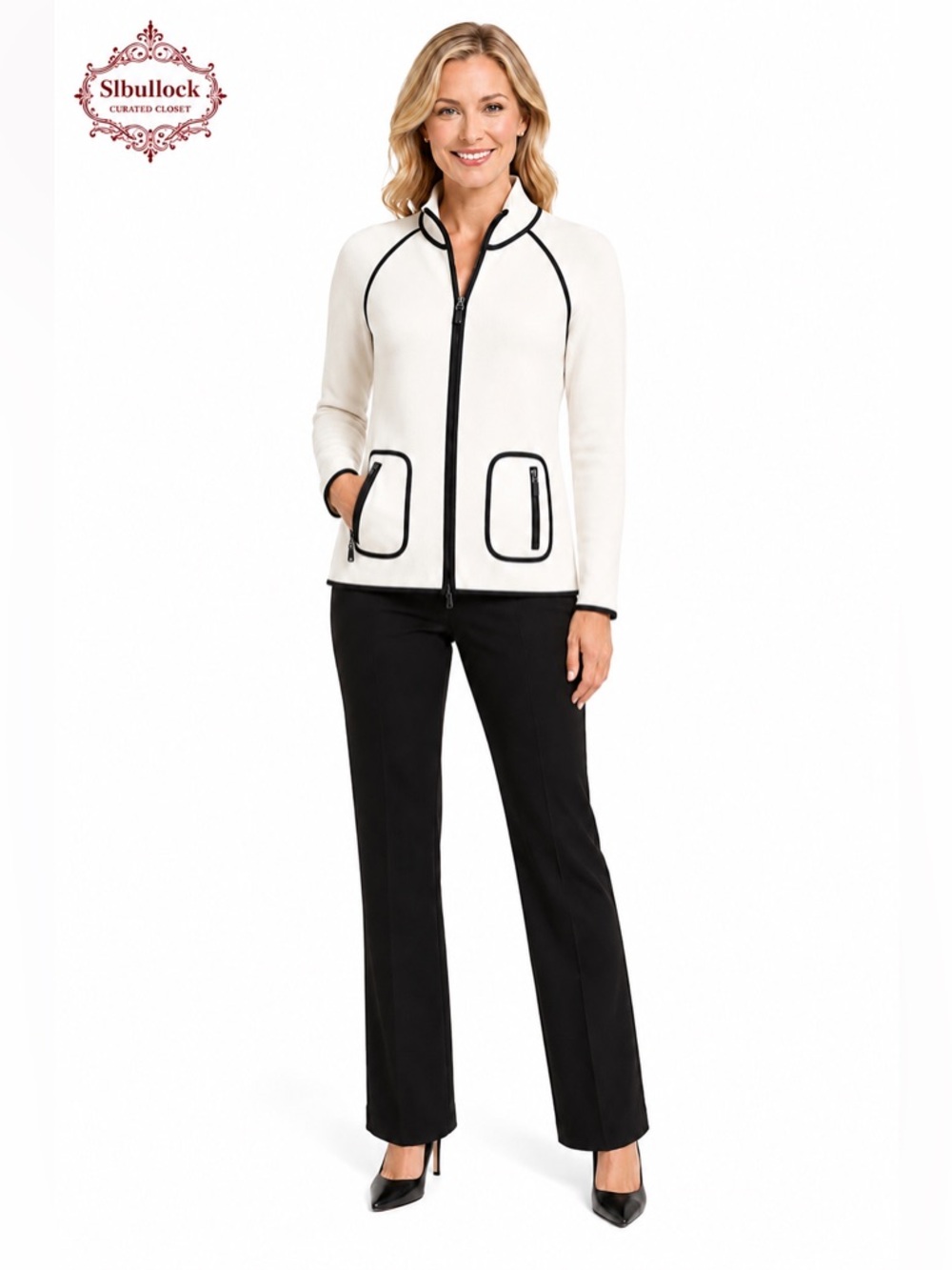 C3 Zenergy by Chico’s Size 1 White Zip-Up Sweater Jacket Black Trim Cotton Blend